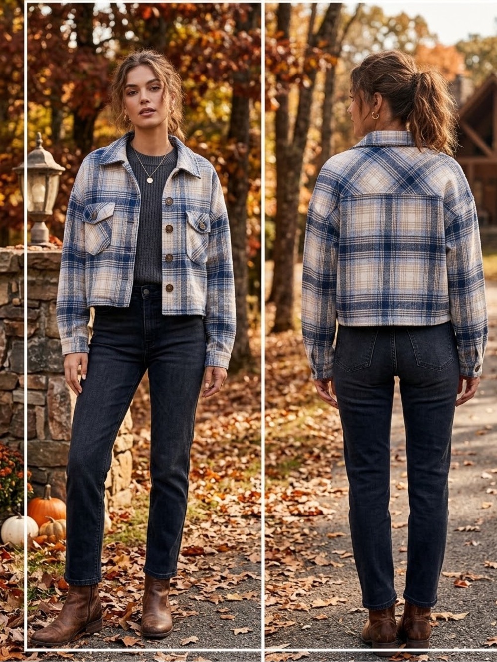 Abound Cotton Blue and Cream Plaid Cropped Lined Preppy Fall Utility Jacket SZ L
